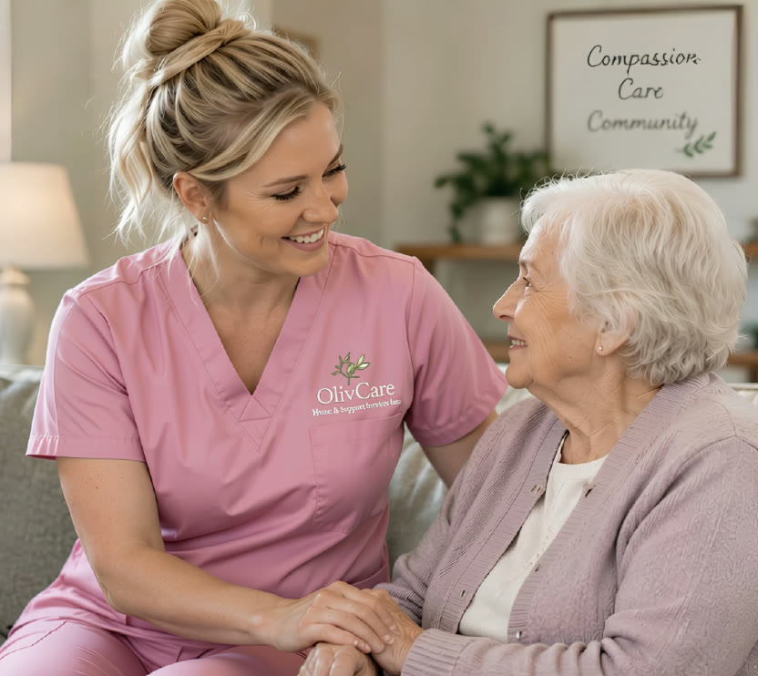 An Olivcare caregiver sharing a warm moment with an elderly client